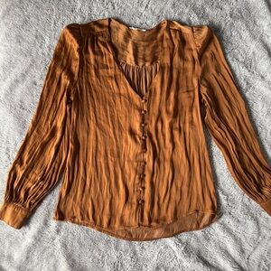 Romantic Anthropologie Boho Rust Blouse V-Neck Button Textured Sz S